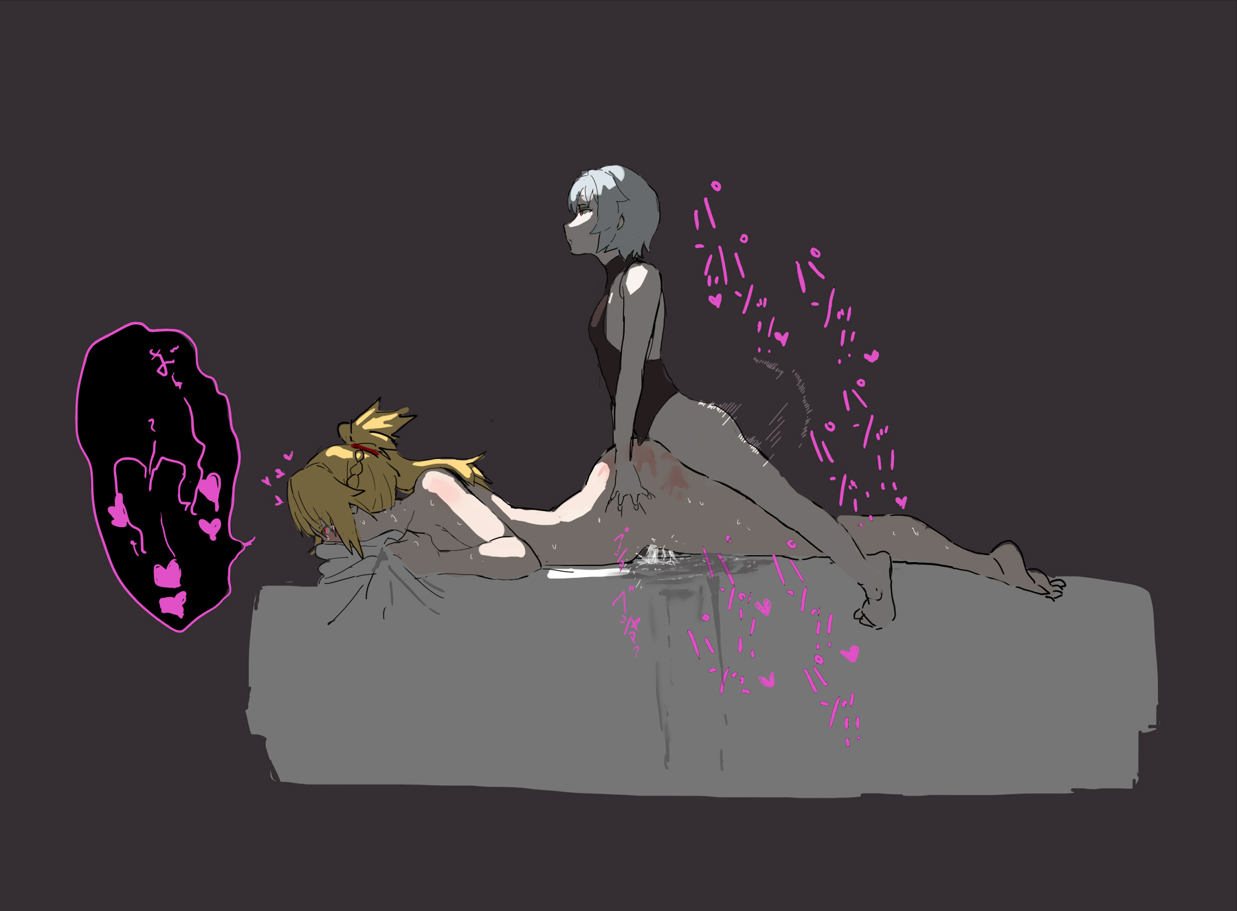 1girls, ass, ass grab, blonde hair, fate (series), fate/apocrypha, fate/grand order, female, grey background, jack the ripper (fate), jyamooo, lying on stomach, mikazukisou, mordred (fate), motion lines, nude, on bed, pussy, pussy juice, sex, short hair, slap mark, speech bubble, tagme, taken from behind, wet, white hair