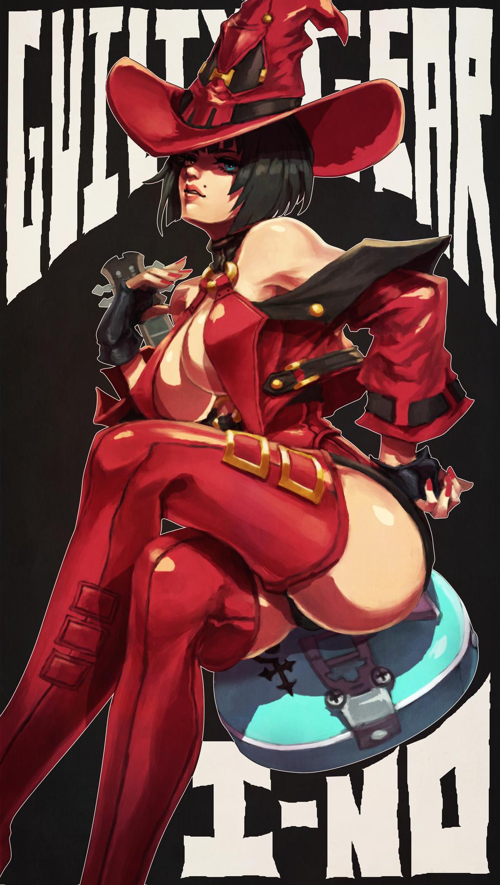 1girls, arc system works, big breasts, black hair, blue eyes, bob cut, breasts, busty, cleavage, curvaceous, curvy, duesenberg starplayer ii, female, female only, from below, guilty gear, guilty gear xrd, guitar, hat, i-no, large breasts, mole, mole above mouth, monorirogue, nail polish, pink lips, pinup, red clothes, red clothing, red hat, red nail polish, red nails, red thighhighs, short hair, sitting, sitting on object, solo, thick thighs, thighhighs, thighs, voluptuous, witch hat