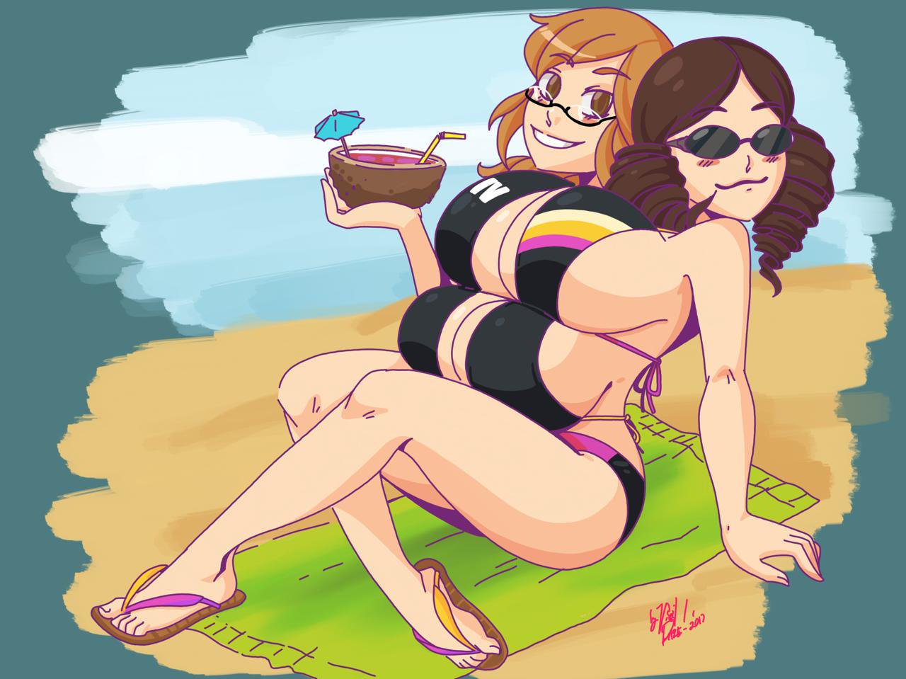 2_heads 4_breasts beach big_breasts bikini brown_hair conjoined conjoined_twins female female_only glasses huge_breasts large_breasts multi_breast orange_hair pinup sideboob sunglasses vivid_daze