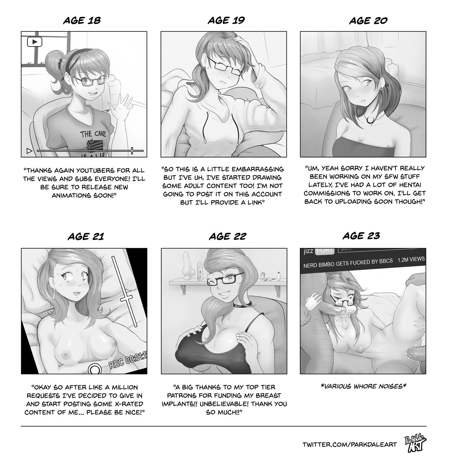 1girls, 2boys, areolae, big breasts, bimbo, bimbofication, breast implants, breasts, brushing teeth with cock, choker, cleavage, corruption, english dialogue, english text, erection, fake breasts, fellatio, female, glasses, greyscale, human, human only, innocent, male, monochrome, nipples, oral, oral sex, parkdale, penetration, penis, pornography, prostitution, pussy, selfie, sex, slut collar, slutification, speech bubble, straight, vaginal penetration, vaginal sex