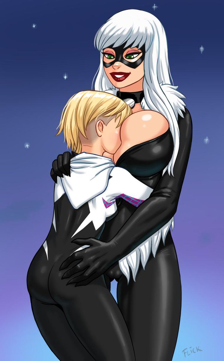 2girls, age difference, asymmetrical hair, black cat (marvel), blonde hair, breast smother, breasts, cameltoe, face in breasts, felicia hardy, female, flick, green eyes, gwen stacy, gwen stacy (spider-verse), head between breasts, hoodie, large breasts, long hair, marvel, marvel comics, mask, multiple females, multiple girls, pussy, short hair, spider-gwen, spider-man (series), white fur, white hair, yuri