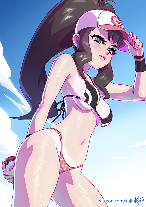 1girls, alternate breast size, armpits, ass, belly, bikini, blue eyes, breasts, brown hair, cap, cleavage, eye contact, female, female only, female protagonist, hair, half-closed eyes, hat, hilda (pokemon), human, kajinman, lipstick, long hair, looking at viewer, medium breasts, midriff, navel, nintendo, outdoors, patreon, pink lips, pink lipstick, poke ball, pokemon, pokemon bw, ponytail, pose, sideboob, solo, sweat, swimsuit, tan, tanline, tanlines, text, thick thighs, thin waist, underboob, url, video games, watermark, wet, wide hips