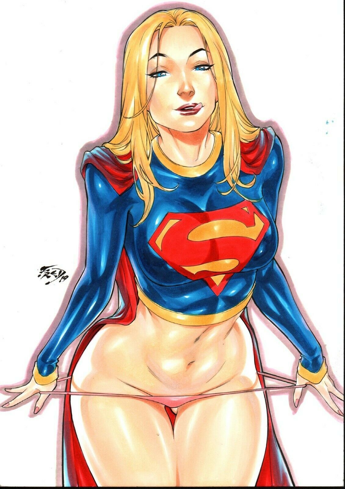 1girls, abs, big breasts, blonde hair, blue eyes, breasts, child bearing hips, dc, dc comics, ed benes studio, female, female only, fred benes, hips, kara danvers, kara zor-el, panties, removing panties, shiny clothes, supergirl, supergirl (volume 5), superman (series), tight clothing, tongue, tongue out, transparent, transparent clothing, wide hips