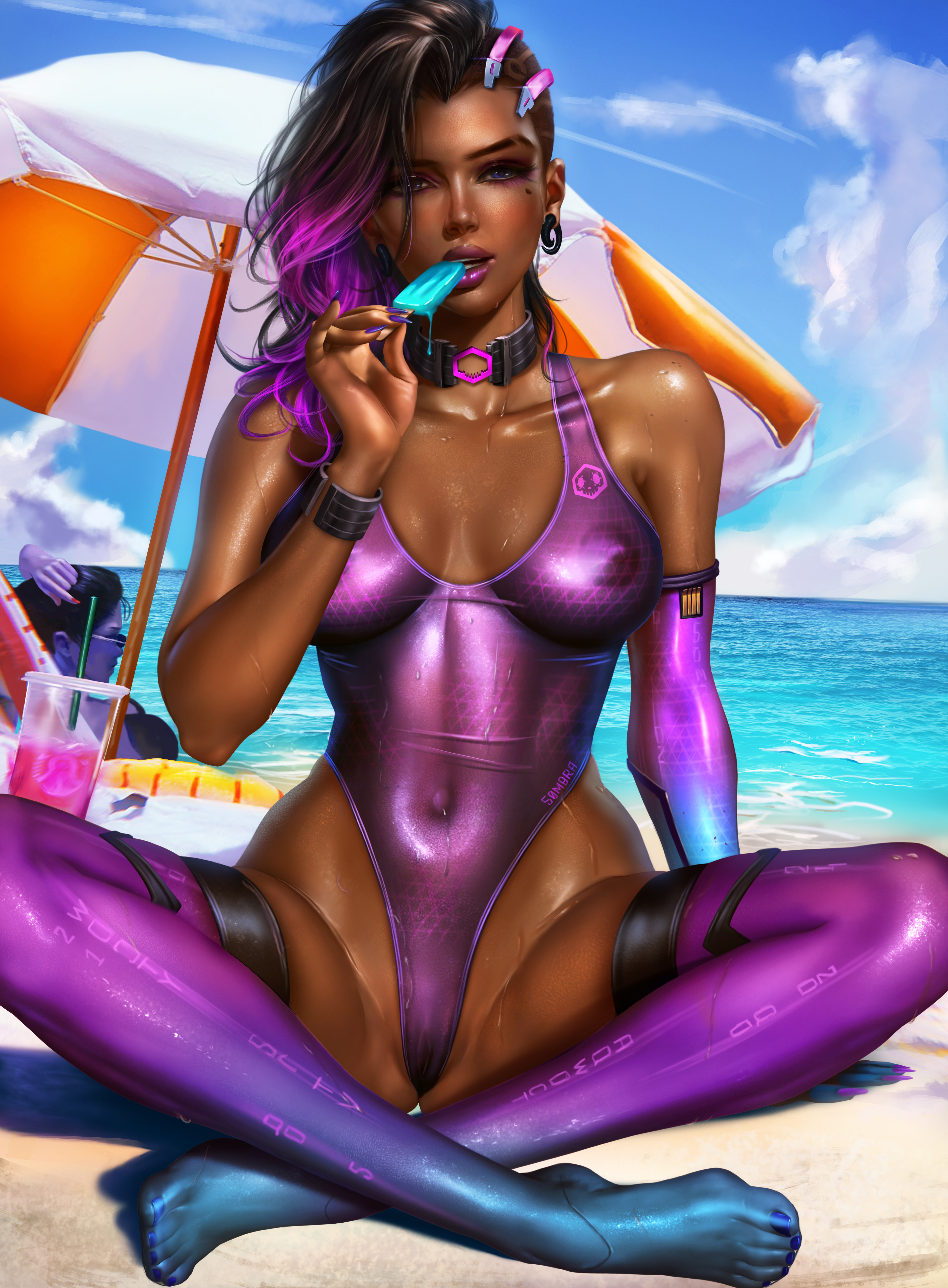 2girls, adapted costume, alternate costume, alternative costume, areolae, arm at side, artist name, asymmetrical hair, barefoot, beach, beach chair, beach umbrella, bikini, black hair, blue sky, blush, bracer, breasts, choker, clavicle, cleavage, cloud, cote d'azur widowmaker, crossed ankles, crossed legs, cup, dark skin, day, drink, drinking straw, dripping, earrings, eating, elbow gloves, emblem, eyeliner, eyeshadow, feet, female, female only, fingernails, food, food on breasts, full body, gloves, hand in hair, high resolution, highleg, highleg bikini, highleg swimsuit, jewelry, large filesize, legs, lipstick, logan cure, long fingernails, looking at viewer, makeup, mascara, medium breasts, medium hair, messy hair, mole, mole under eye, multicolored hair, multiple females, multiple girls, nail polish, navel, o-ring, o-ring bikini, ocean, outdoors, overwatch, parted lips, partially visible vulva, pinky out, popsicle, purple bikini, purple eyes, purple hair, purple lips, purple lipstick, purple nails, pussy, realistic, reclining, sand, see-through, see-through swimsuit, shadow, single glove, sitting, skindentation, sky, soda, solo focus, sombra, string bikini, stud earrings, suggestive fluid, summer, sunglasses, swimsuit, teeth, toenail polish, toes, two-tone hair, umbrella, undercut, vagina, very high resolution, watermark, wavy hair, web address, wet, widowmaker