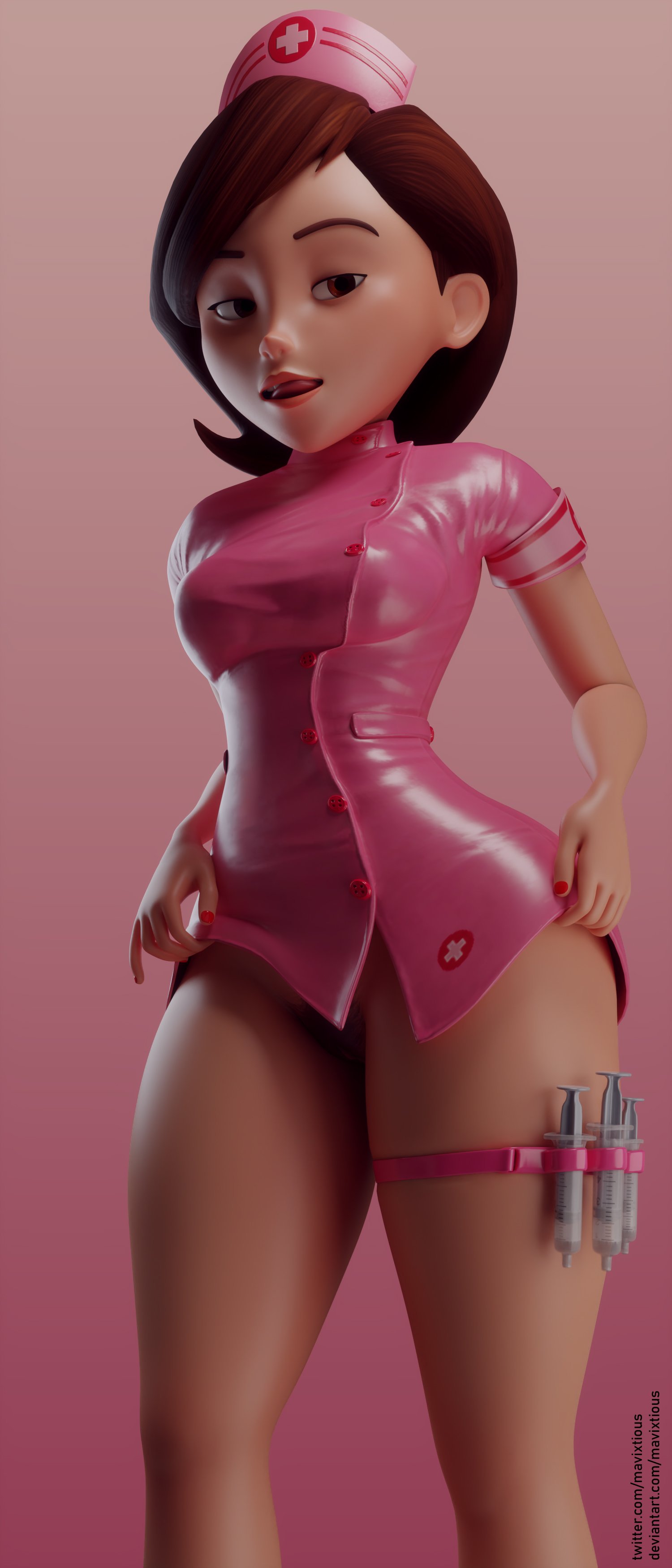 1girls, 3d, bottomless, bottomless skirt, brown eyes, brown hair, disney, female, female only, hat, helen parr, human, licking lips, mavixtious, nurse, nurse cap, pixar, pussy, smooth skin, solo, standing, syringe, the incredibles, thick thighs, thigh strap, thighband, thighs, wide hips