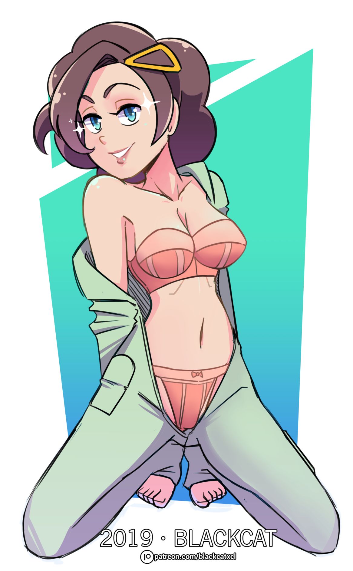 1girls, blackcat18up, blue eyes, bow panties, bra, brown hair, female, grace (pokemon), human, human only, milf, open clothes, panties, pink panties, pokemon, pokemon xy, solo, undressing