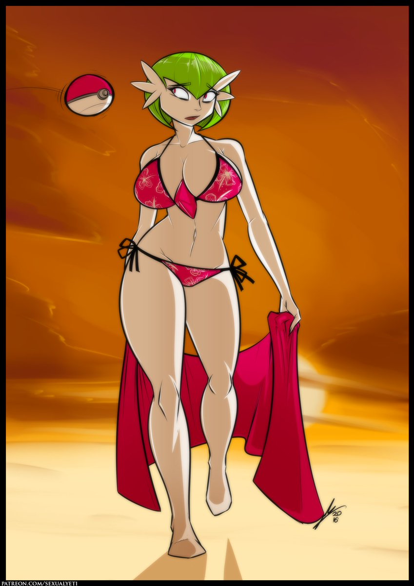 1girls, 2016, anthro, anthrofied, barefoot, beach, big breasts, bikini, black border, breasts, cleavage, clothed, feet, female, female only, gardevoir, green hair, holding, huge breasts, large breasts, long nails, looking away, motion lines, nintendo, open mouth, orange background, patreon, pink bikini, pink eyes, poke ball, pokemon, pokemon (species), pokemon rse, sand, sexualyeti, short hair, side-tie bikini, sky, standing, sunset, surprised, text, thick thighs, thigh gap, towel, url, watermark, white skin, wide hips