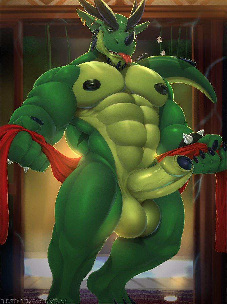 abs azu_cacti balls bedroom_eyes big_balls big_penis black_horn black_nipples dragon ear_piercing erection green_scales half-closed_eyes hi_res horn humanoid_penis k0suna looking_at_viewer male male_only muscular nipples nude pecs penis piercing scales scalie seductive solo thick_penis tongue tongue_out uncut