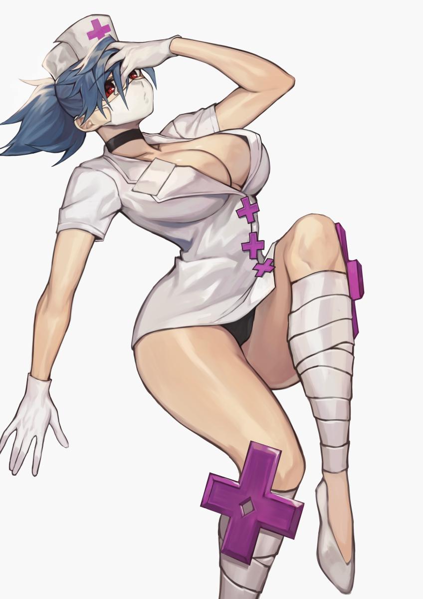 1girls, black panties, blue hair, breasts, cinko, cleavage, female, female only, gloves, highres, large breasts, legs, looking at viewer, nurse, nurse cap, panties, red eyes, skullgirls, thighs, valentine (skullgirls), white gloves