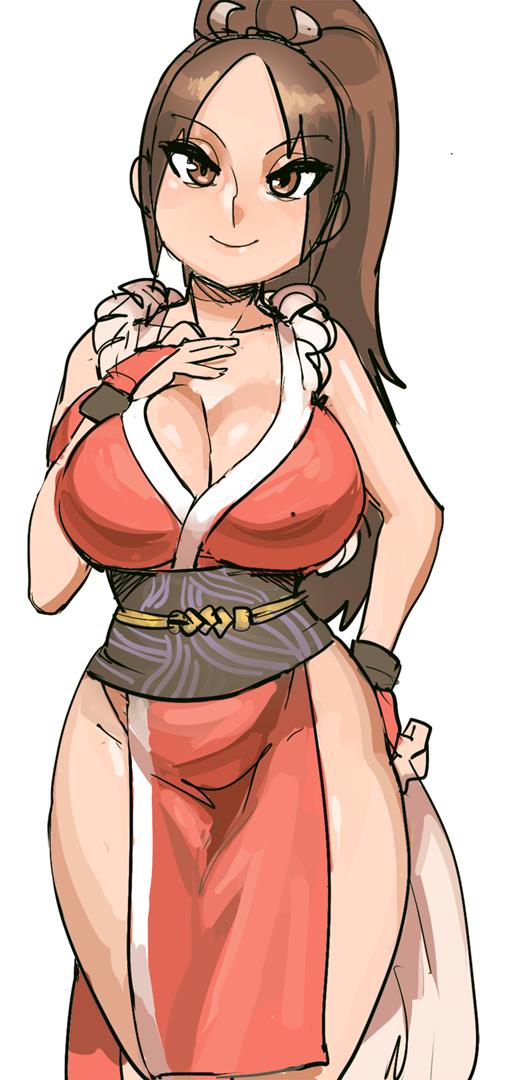 breasts, brown eyes, brown hair, cleavage, fatal fury, female, hand on hip, hand on own chest, king of fighters, large breasts, looking at viewer, mai shiranui, maniacpaint, pelvic curtain, ponytail, smile, snk, solo, thighs, wide hips
