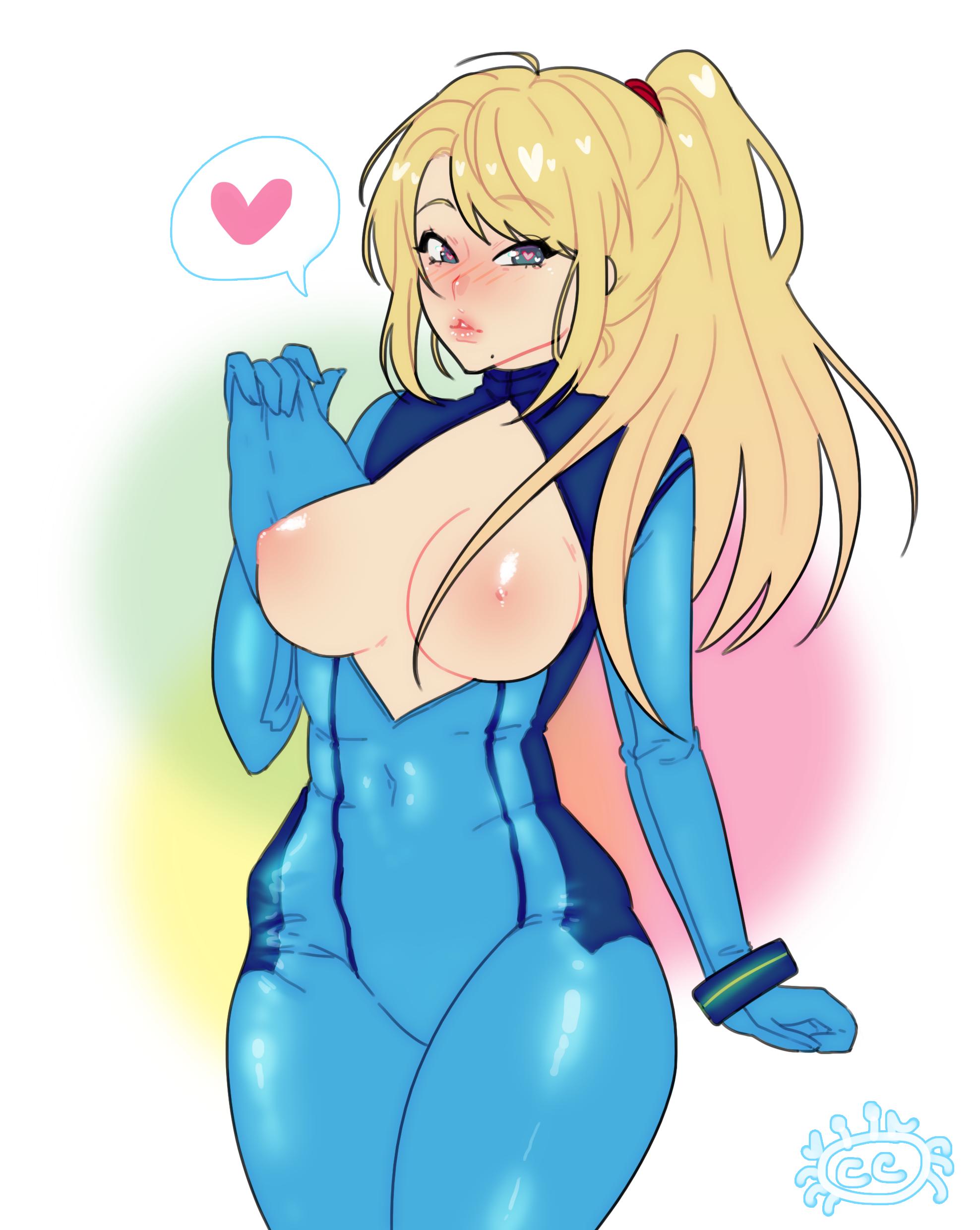 1girls, areolae, bangs, big breasts, blonde hair, blue eyes, blush, bodysuit, breasts, cryptid crab, curvy, eyebrows visible through hair, female, female only, gloves, heart, heart-shaped pupils, hips, human, large breasts, looking at viewer, metroid, nintendo, nipples, open bodysuit, ponytail, samus aran, sidelocks, solo, standing, thighs, wide hips, zero suit, zero suit samus