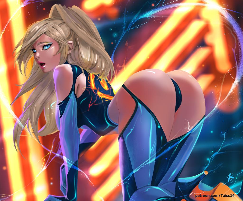 1girls, ass, blonde hair, blue hair, bodysuit, curvy, detailed background, female, female only, heels, long hair, looking back, metroid, mole under mouth, nintendo, on knees, samus aran, solo, tattiart, thick, wide hips, zero suit, zero suit samus