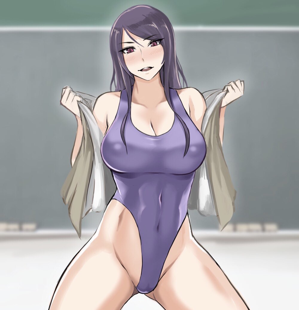 1girls, big breasts, breasts, cleavage, female, female only, large breasts, looking at viewer, nipples, one-piece swimsuit, shibusun, solo, swimsuit
