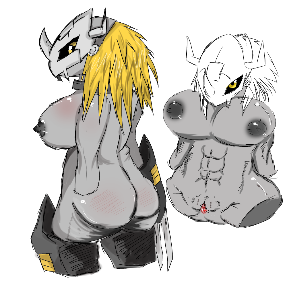 abs black_sclera blackwargreymon blonde_hair boots denbukuro digimon grey_skin helmet large_breasts looking_back no_hands rule_63 white_background yellow_eyes