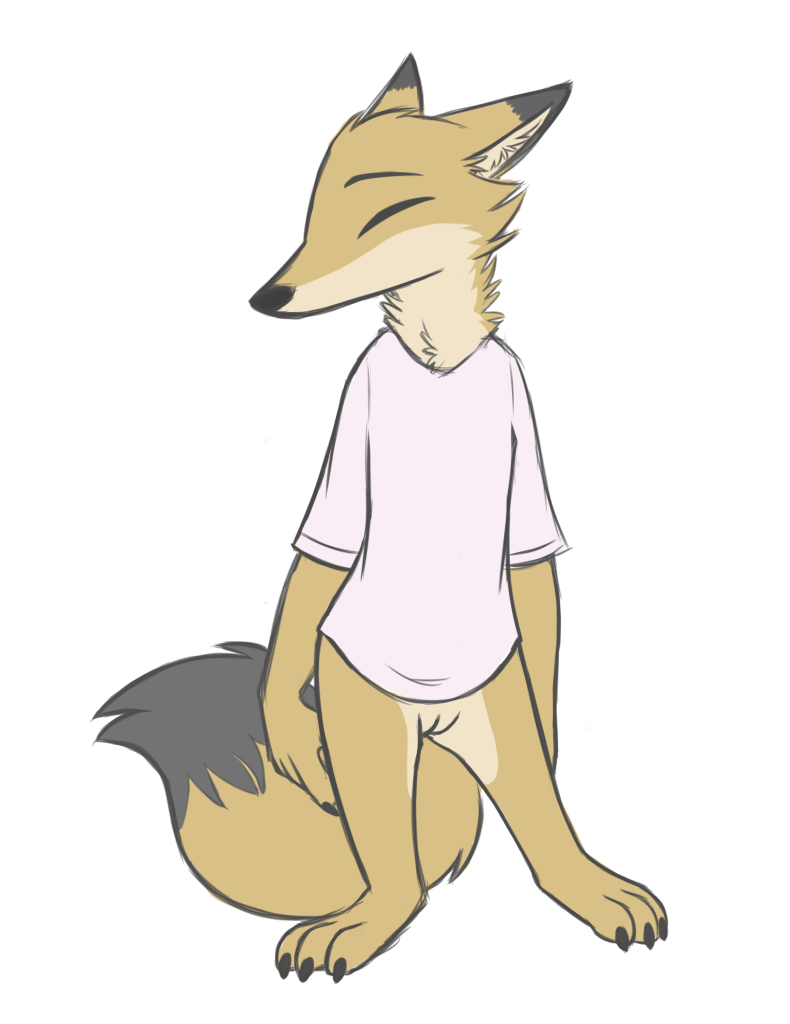 anthro bottomless canid canine charlie_(weaver) closed_eyes clothed clothing corsac_fox dipstick_ears dipstick_tail disney female flat_chest fox fur mammal multicolored_ears multicolored_tail orange_fur pack_street pussy shirt simple_background skunkbutt_(artist) solo standing t-shirt topwear white_background zootopia