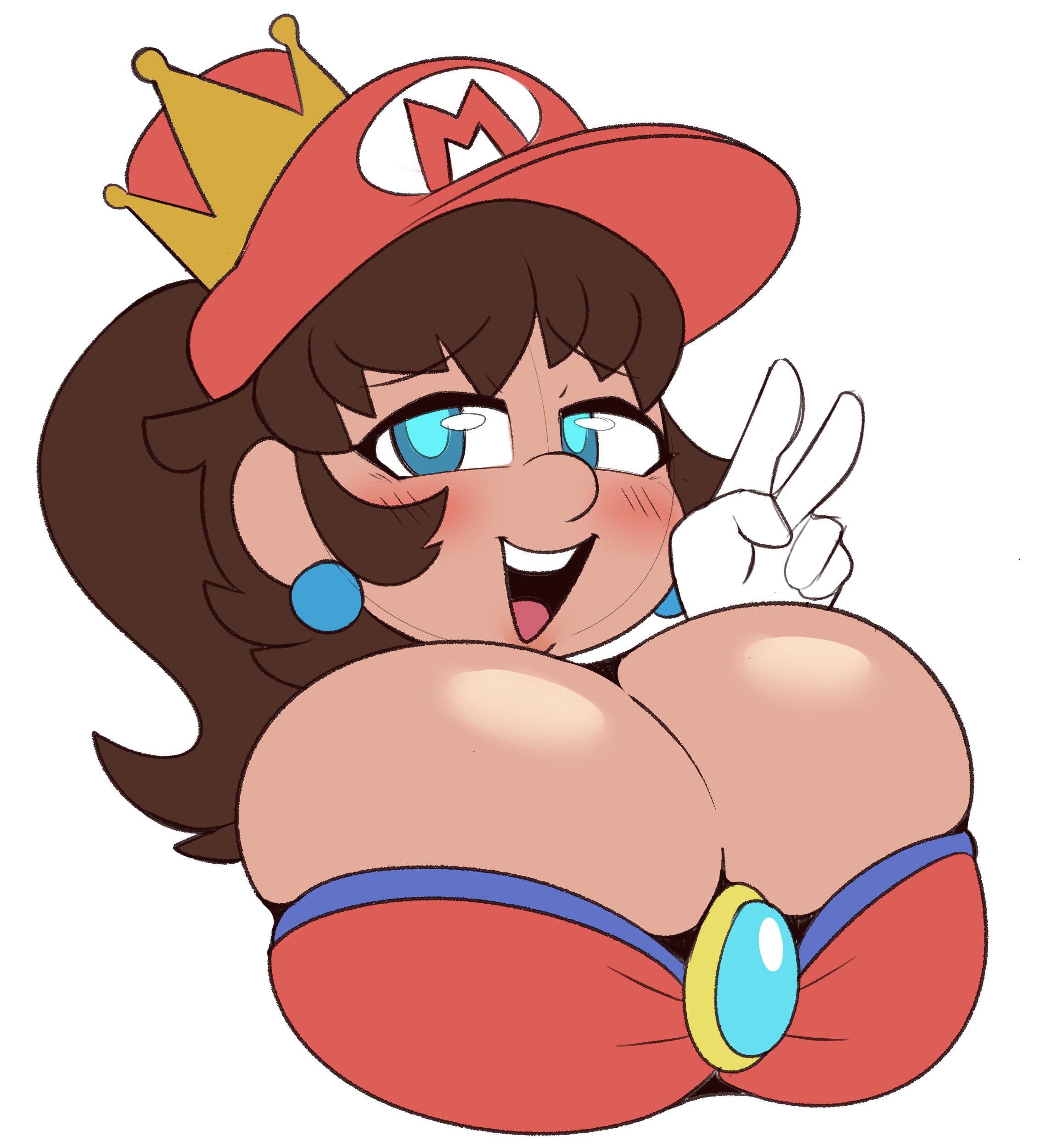 breasts, brown hair, bust portrait, cleavage, crossgender, dongitos, female, genderswap, genderswap (mtf), human, hyper, hyper breasts, maria (detnox), mariette, mario, mario (series), mtf crossgender, new super mario bros. u deluxe, rule 63, solo, super crown, white background