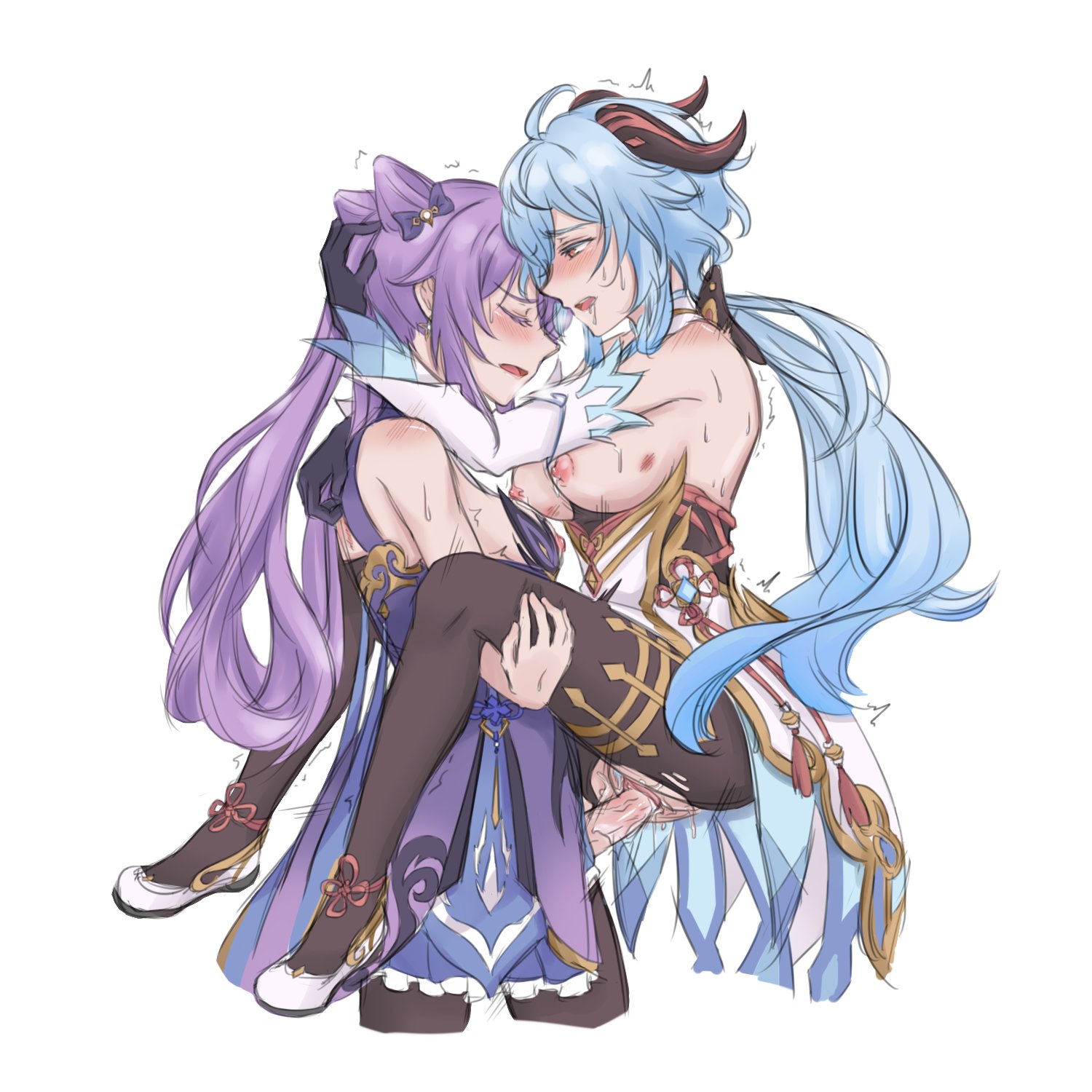 1futa, 1girls, bangs, big breasts, big penis, bite mark, blue hair, blush, breasts, breasts out, carrying, closed eyes, clothed, clothing, duo, erection, female, futa on female, futanari, ganyu (genshin impact), genshin impact, gloves, goat horns, hair ornament, horns, human, humanoid, intersex, keqing (genshin impact), lifting person, light skin, light-skinned female, light-skinned futa, long hair, looking at partner, open mouth, orgasm, pale skin, pantyhose, penis, pubic hair, purple hair, pussy, pussy ejaculation, pussy juice, saliva trail, sex, side view, simple background, stand and carry position, standing, standing sex, sweat, sweating, torn clothes, trembling, twintails, vaginal penetration, yuren