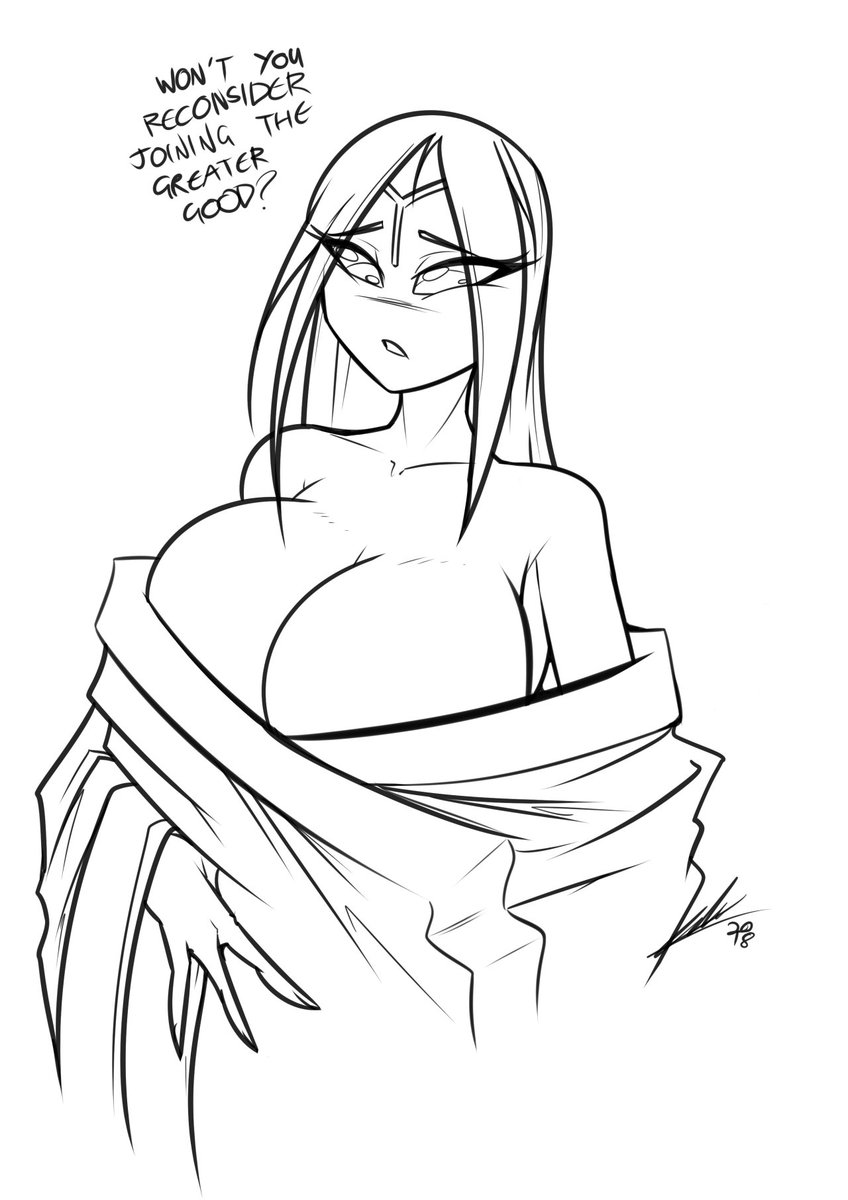 1girls, 3 fingers, breasts, dialogue, english text, female, female only, huge breasts, monochrome, puppy eyes, robe, sexualyeti, solo, solo female, tau, text, warhammer (franchise), warhammer 40k