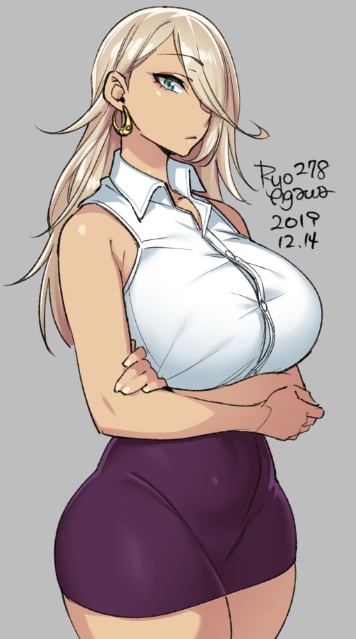 1girls, 2019, 5 fingers, arms under breasts, ass, bare shoulders, big ass, big breasts, big butt, blonde hair, blouse, blue eyes, breasts, button gap, cleavage, clothed, dated, earrings, eyebrows, eyebrows visible through hair, eyelashes, fan character, female, female only, grey background, gyaru, hair, hair over one eye, hips, hourglass figure, huge ass, huge breasts, huge butt, human, human only, humanoid, large ass, large breasts, large butt, long hair, looking at viewer, miniskirt, original character, ryo agawa, seductive, seductive eyes, seductive look, simple background, skirt, sleeveless shirt, solo, solo female, text, thick, thick ass, thick thighs, thighs, watermark, wide hips