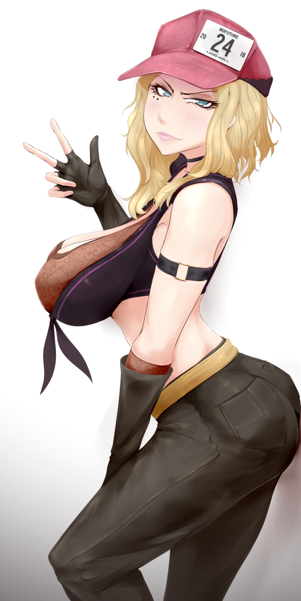 big_ass big_breasts blonde_hair blue_eyes blush breasts cleavage clothed coco_(code_vein) code_vein elbow_gloves female fingerless_gloves gloves hat large_breasts looking_at_viewer midriff