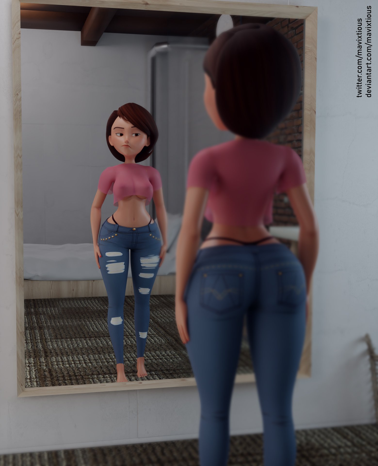 1girls, 3d, areolae, ass, big ass, big breasts, breasts, brown eyes, brown hair, clothing, disney, feet, female, female only, helen parr, human, jeans, large ass, mavixtious, mirror, navel, nipples, pants, pixar, see-through, see-through clothing, smooth skin, solo, standing, the incredibles, thighs, tight jeans, tight pants, toes, torn pants, wide hips