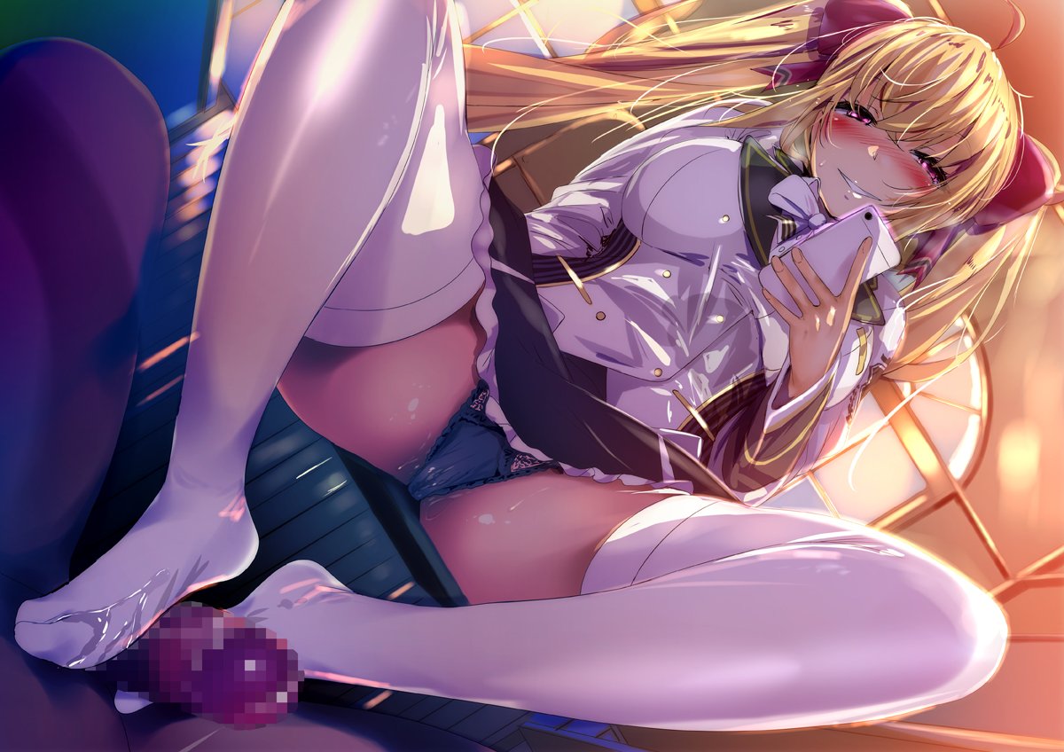 1boy bad_id black_panties black_skirt blonde_hair blush bow breasts cellphone censored clothed_female clothed_female_nude_male cowgirl_position female footjob footjob_with_legwear fumihiko_(pixiv2658856) green_panties hair_ribbon hairbow jacket long_hair looking_down male medium_breasts mosaic_censoring nijisanji on_bed panties pantyshot pantyshot_(sitting) penis phone red_bow ribbon shirt sitting sitting_on_bed skirt smartphone smile spread_legs straight takamiya_rion teeth twintails underwear upskirt virtual_youtuber wet_pussy white_bow white_jacket white_legwear white_shirt white_thighhighs window