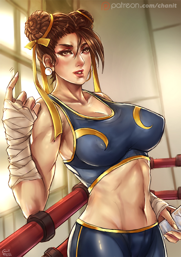 1girls bandage bandaged_arm bandages belly_button big_breasts blue_pants blue_shirt boxing_ring breasts brown_hair busty capcom chun-li earrings erect_nipples erect_nipples_under_clothes female female_only gym hair_ribbon hairbun hairbuns human inviting kachima large_breasts midriff navel nipple_bulge nipples pants pinup ribbon shirt solo stomach street_fighter water_bottle