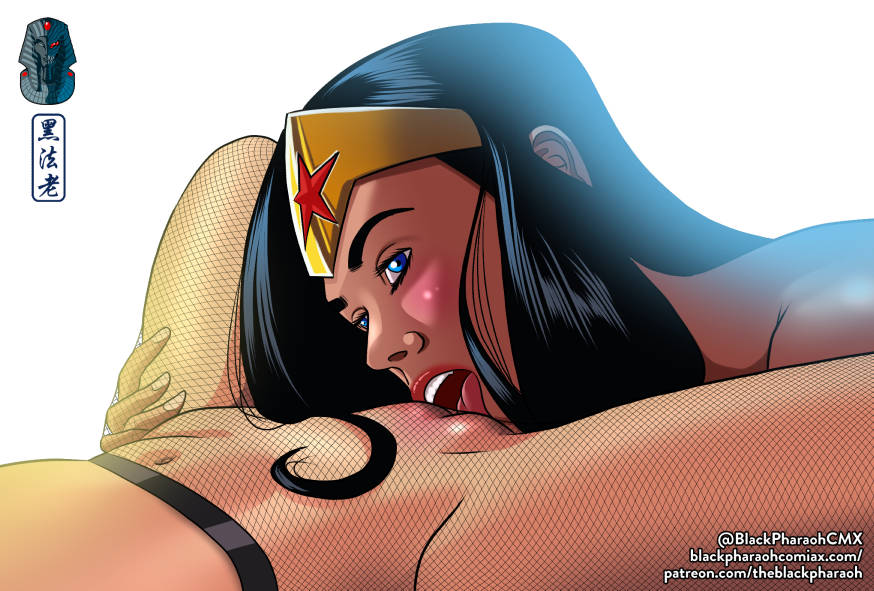 bare shoulders, black hair, blue eyes, cunnilingus, dc, dc comics, female, fishnet pantyhose, fishnets, licking, licking pussy, lipstick, long hair, navel, pantyhose, pussy, pussy lick, see-through, signature, straight hair, text, theblackpharaoh, thick thighs, thigh grab, tongue, vagina, wide hips, wonder woman, wonder woman (series), yuri, zatanna