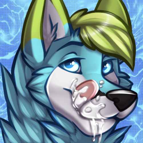 1:1 blue_eyes bodily_fluids bust_portrait canid canine cum cum_in_mouth cum_inside cum_on_face cum_on_muzzle fox genital_fluids gorsha_pendragon green_hair hair licking licking_lips low_res male male_only mammal neck_tuft portrait smile sparky tongue tongue_out tuft