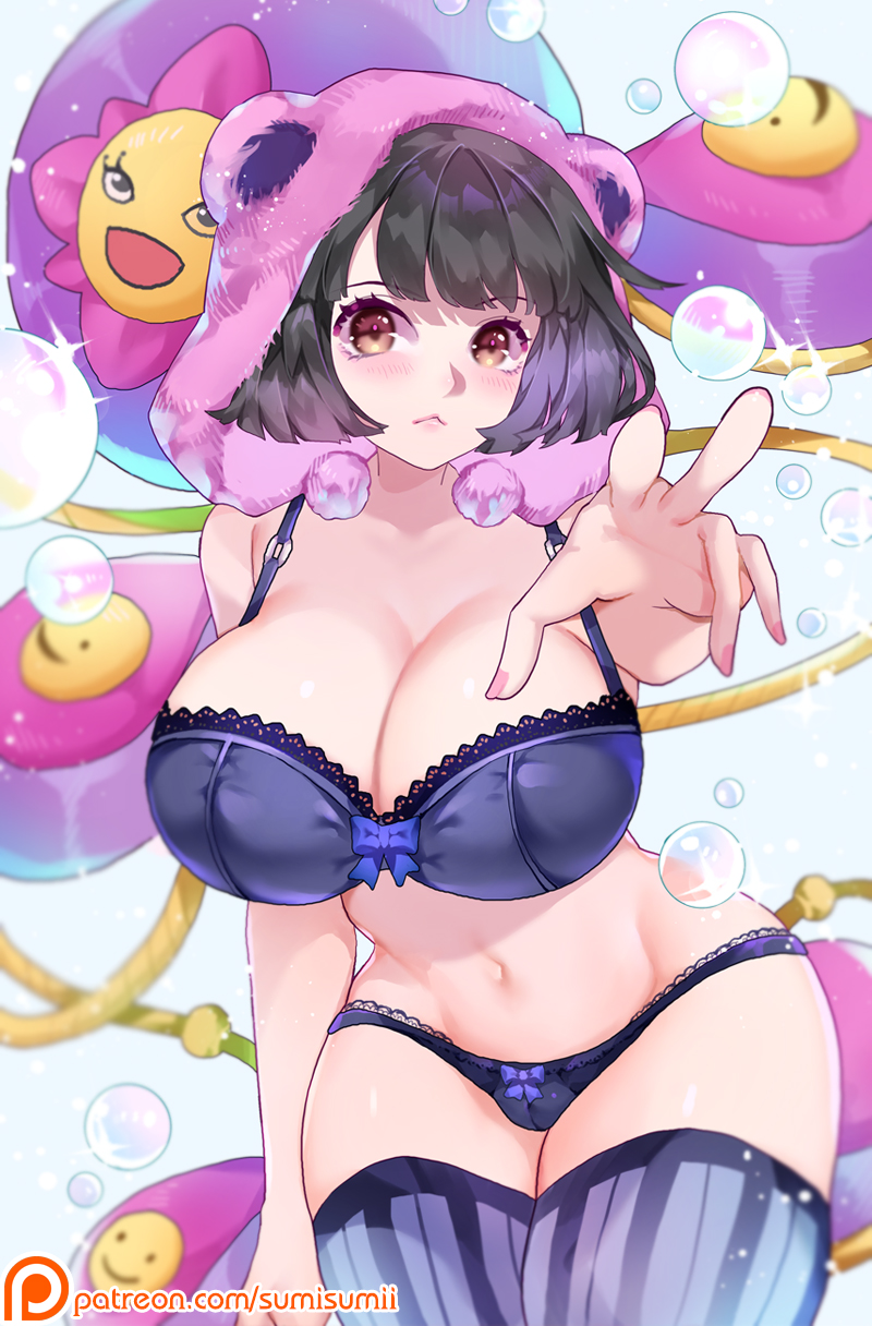 1girls big_breasts black_hair bra breasts california_king_bed clothed curvy daiya_higashikata female hat human jojo's_bizarre_adventure jojolion lingerie pale-skinned_female pale_skin panties short_hair shounen_jump sumisumii tagme thick_thighs wide_hips