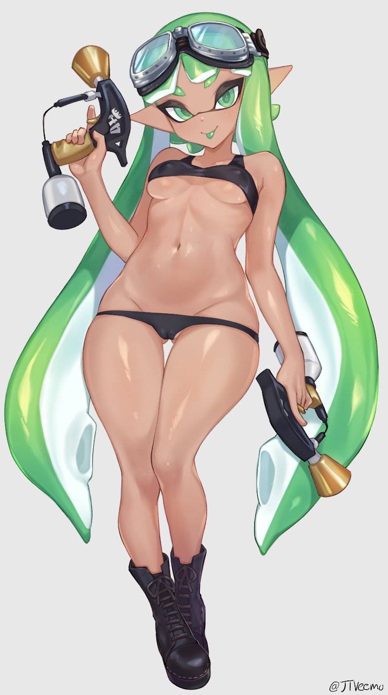 1girls, breasts, cameltoe, cleavage, female, female only, green eyes, green hair, inkling, jtveemo, looking at viewer, pussy, solo, splatoon
