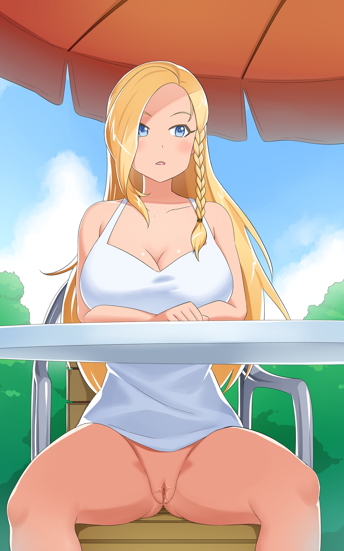 blonde hair, blue eyes, booty calls, bottomless, breasts, cleavage, clothing, female, finja (booty calls), going commando, no panties, pussy, sitting, white dress