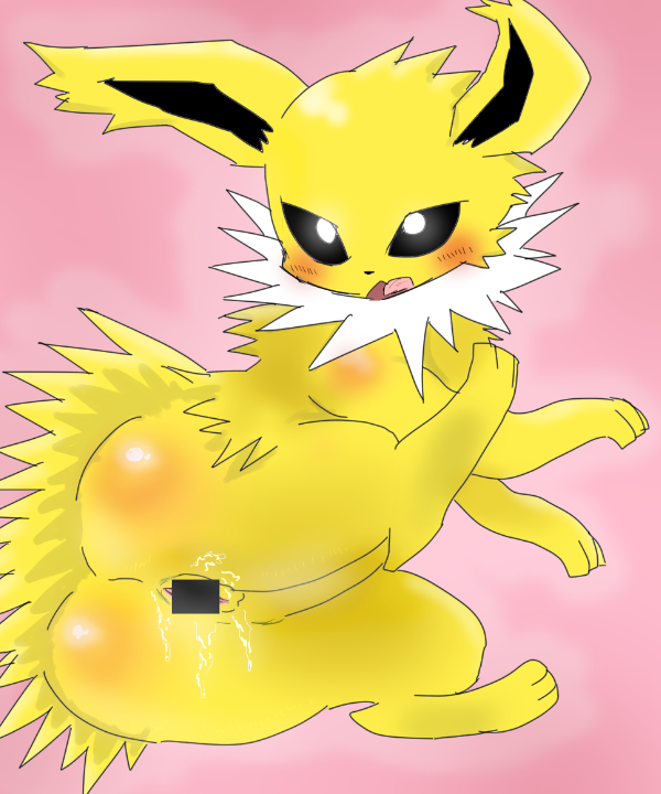 black_eyes blush censor_bar censored denbukuro feline female female_feral feral jolteon open_mouth pink_background pokemon pokemon_rgby pussy_juice rear_view yellow_eyes