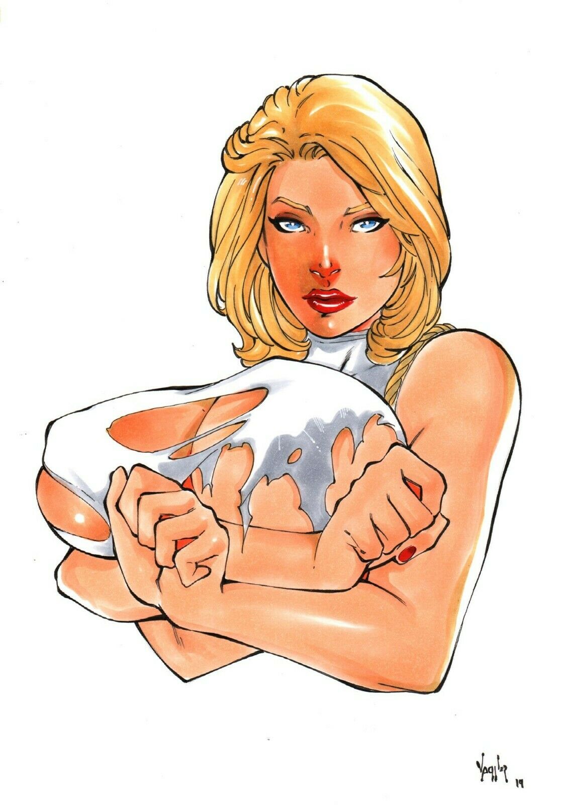 1girls 2019 arms_under_breasts big_breasts big_breasts blonde_hair blonde_hair blue_eyes breasts busty curvaceous curvy dated dc dc_comics ed_benes_studio eyeshadow female female_only huge_breasts jsa justice_society justice_society_of_america karen_starr kryptonian large_breasts lipstick makeup mascara nail_polish pinup power_girl red_lips red_lipstick red_nail_polish red_nails ripped_clothing ripped_clothing shirt short_hair signature solo superheroine torn_clothes torn_clothing upper_body vagner_fernandes voluptuous white_shirt