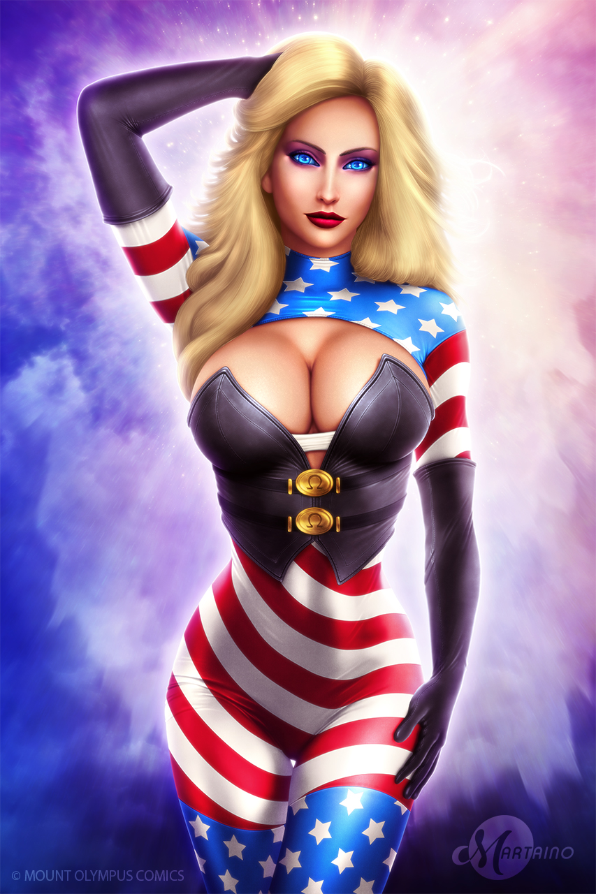 1girls american_flag american_flag_bodysuit arm_up artist_name big_breasts black_corset black_gloves blonde_hair blue_eyes breasts bustier busty cleavage corset eyeshadow female female_only gloves glowing_eyes human large_breasts lipstick makeup martaino mascara patriotika pinup red_lips red_lipstick smile smiling solo standing superheroine swimsuit text