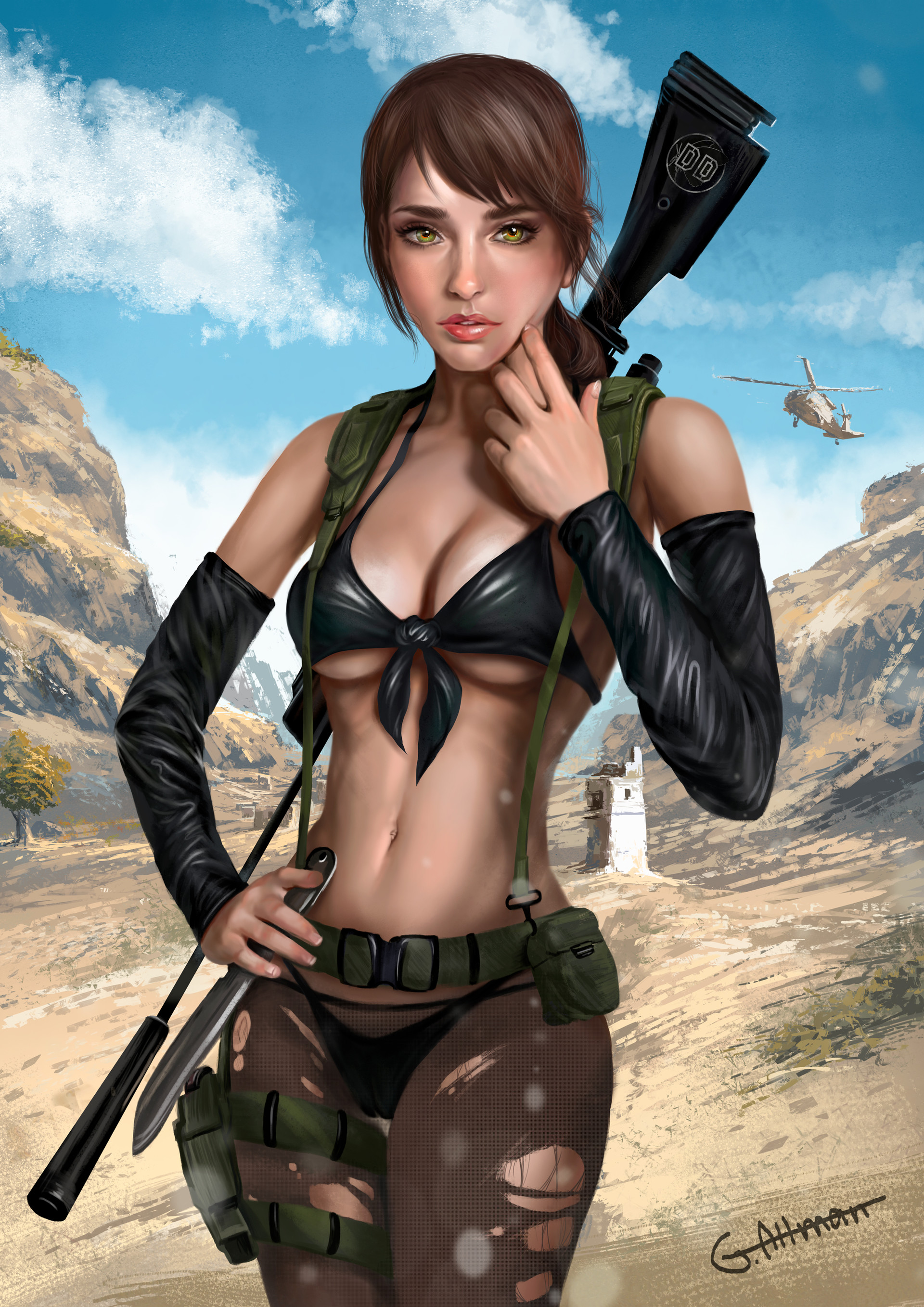 2d, breasts, brown hair, curvy, detailed background, female, female only, giorgi magradze artman, metal gear, metal gear solid, metal gear solid v, quiet (metal gear), realistic, revealing clothes, thick, video games, wide hips
