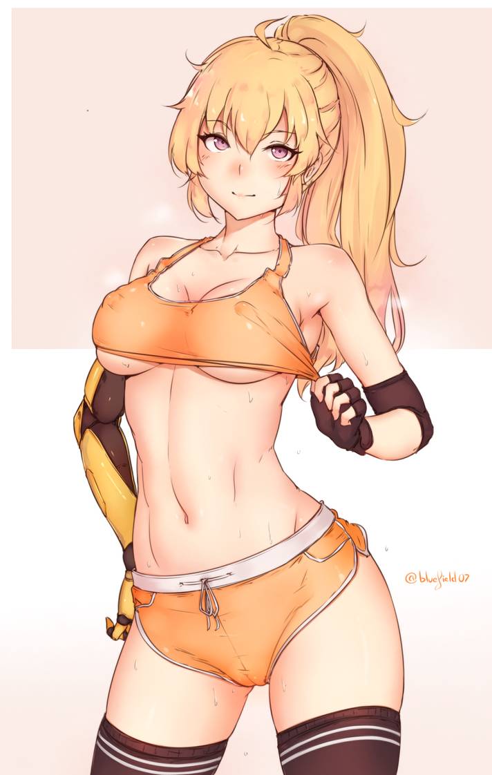 1girls absolute_territory blonde_hair bluefield cameltoe female female_only fingerless_gloves fit fit_female halterneck long_hair navel nipple_bulge pokies ponytail prosthetic prosthetic_arm robotic_arm rwby slim solo sports_bra sportswear thighhighs thighs toned yang_xiao_long