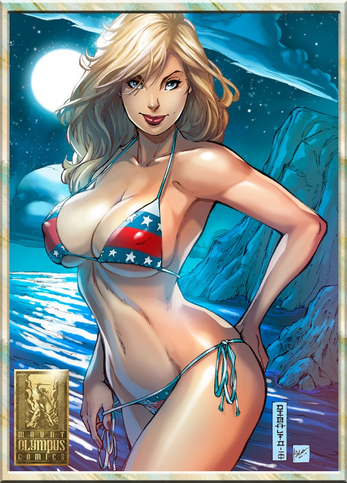 1girls american_flag american_flag_bikini big_breasts bikini bikini_bottom bikini_top blonde_hair blue_eyes bra breasts busty cleavage cowboy_shot erect_nipples erect_nipples_under_clothes female female_only hand_on_ass human kevin_castro large_breasts lipstick long_hair looking_at_viewer mike_debalfo nipple_bulge nipples official_art original panties panty_pull patriotika pinup red_lips red_lipstick solo text thighs