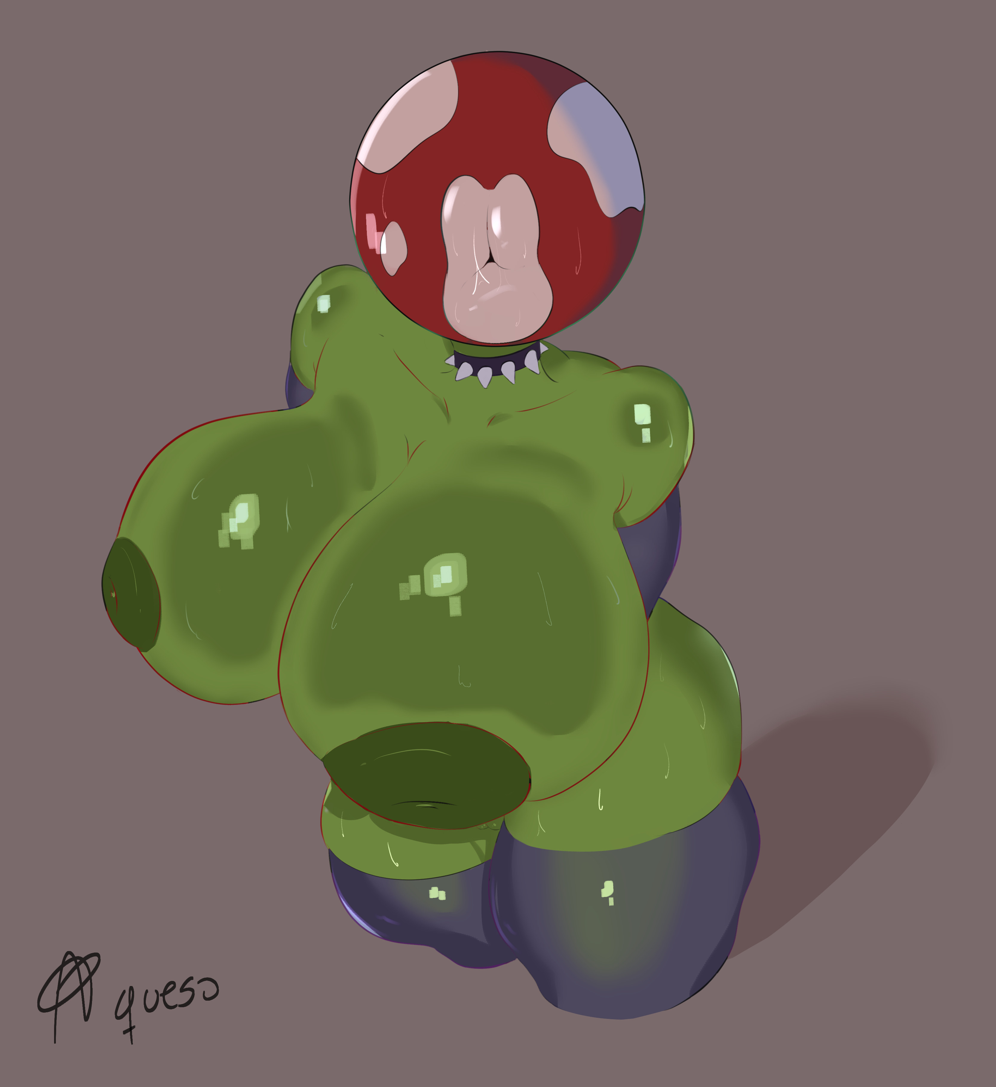 2026, 2d, anthro, big ass, big breasts, big thighs, green body, looking at viewer, mario (series), monotone background, nintendo, no hair, piranha plant, plant, quesoartist, shadow, shiny body, signature, spiked collar, stockings, tagme, thick thighs