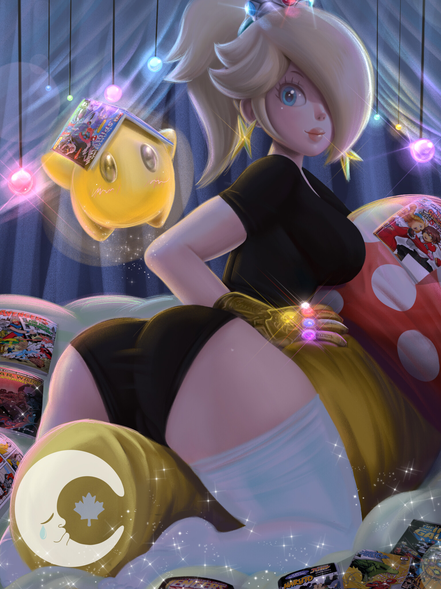 1girls, ass, bed, black panties, blonde hair, blue eyes, clothed, clothing, cosplay, curvy, earrings, female, female focus, female only, hair over one eye, human, infinity gauntlet, legwear, lilsleepymoon, looking back, luma, mario (series), marvel, marvel comics, nintendo, princess rosalina, smile, solo focus, super mario galaxy, thick, thick thighs, thighhighs, thighs, tight clothing, white legwear, white thighhighs, wide hips