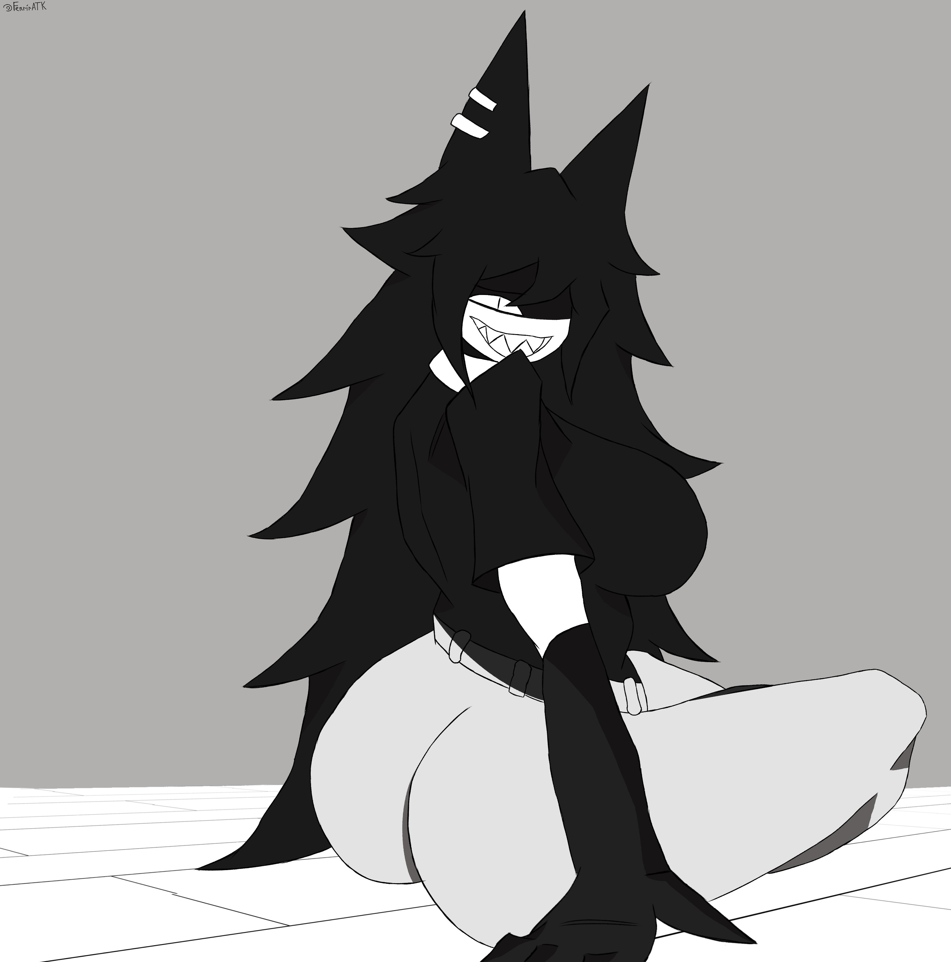 1girls, ass, big ass, black hair, butt, clothed, clothing, female, female only, fully clothed, fundamental paper education, grey background, hair, long hair, miss circle (fundamental paper education), simple background, sitting, smile, thick thighs, thighs