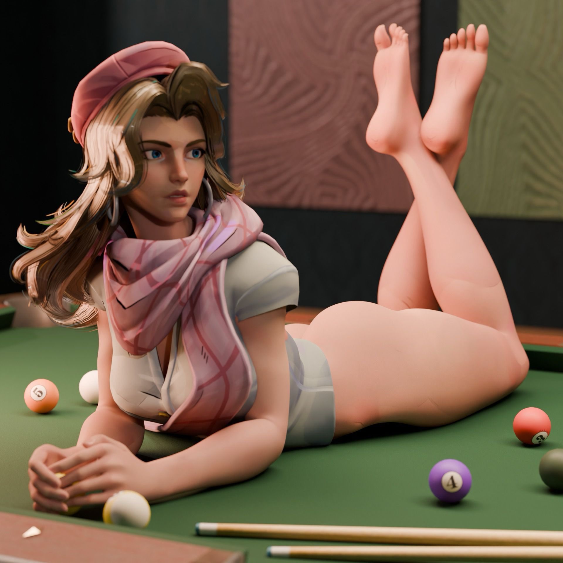 3d, ass, butt, empire state university, fantastic four, feet, feet up, female, female focus, half-dressed, hotkuppakaffree, invisible woman, invisible woman (marvel rivals), invisible woman (riann landau: the debater), lower body, marvel, marvel rivals, pool ball, pool cue, pool table, scarf, solo, toes