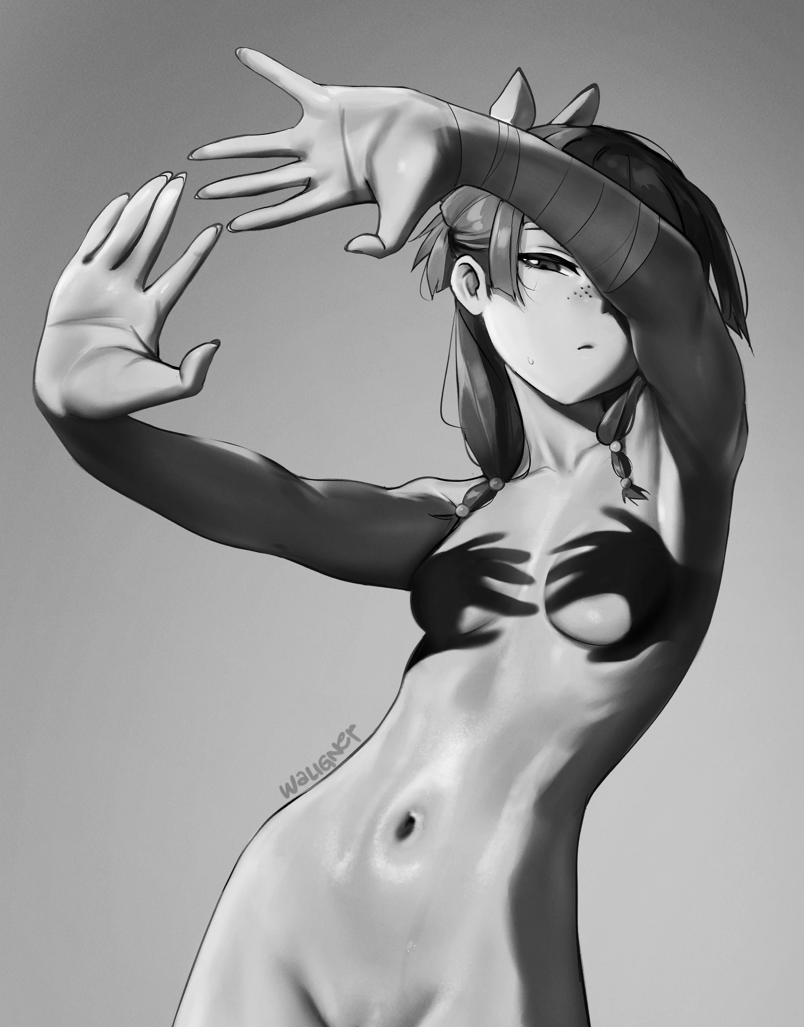 1girl, breasts, female, female only, hands casting shadow, kusuriya no hitorigoto, long hair, maomao (kusuriya no hitorigoto), nude, shadow, small breasts, solo, solo female, solo focus, waligner