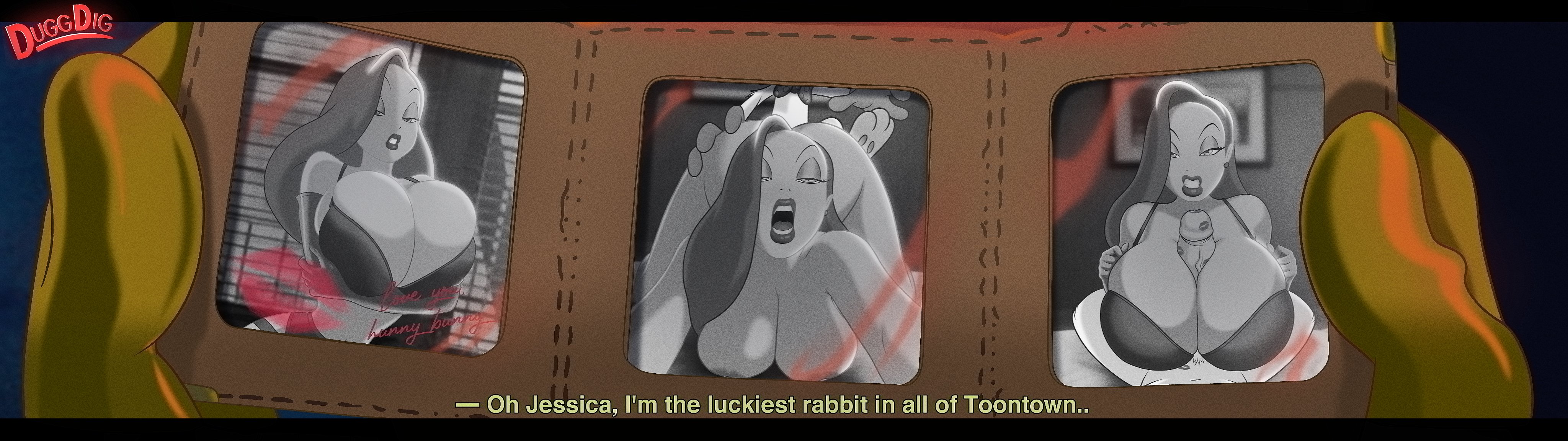 1boy, 1girls, absurd res, all fours, alternate breast size, alternate costume, anthro, areolae, armwear, bare shoulders, between breasts, big breasts, big penis, bimbo, bowtie, bra, breasts, canon couple, cleavage, clenched teeth, clothed male nude female, clothing, curvy, dialogue, disney, doggy style, dugg dig, earrings, elbow gloves, english text, erection, eyelashes, eyes rolling back, eyeshadow, faceless male, female, female focus, furry, furry male, garter belt, gloves, greyscale, hair over one eye, half-closed eyes, hanging breasts, hips, huge breasts, huge cock, human, human female, husband and wife, interracial, jessica rabbit, jewelry, kiss mark, lagomorph, large breasts, large penis, larger female, lingerie, lips, lipstick, lipstick mark, lipstick on penis, long hair, long penis, looking at viewer, looking up, makeup, male, male pov, mammal, moaning, monochrome, naughty face, navel, nipples, nude, nude female, nude female clothed male, open mouth, paizuri, panties, parted lips, penis, penis between breasts, photo, pubic hair, rabbit, roger rabbit, seductive, sex, size difference, smaller male, solo focus, solo male, spread legs, straight, teeth, text, thick lips, thick penis, thighs, thin waist, tie, tongue, voluptuous, wallet, who framed roger rabbit, wide hips, window