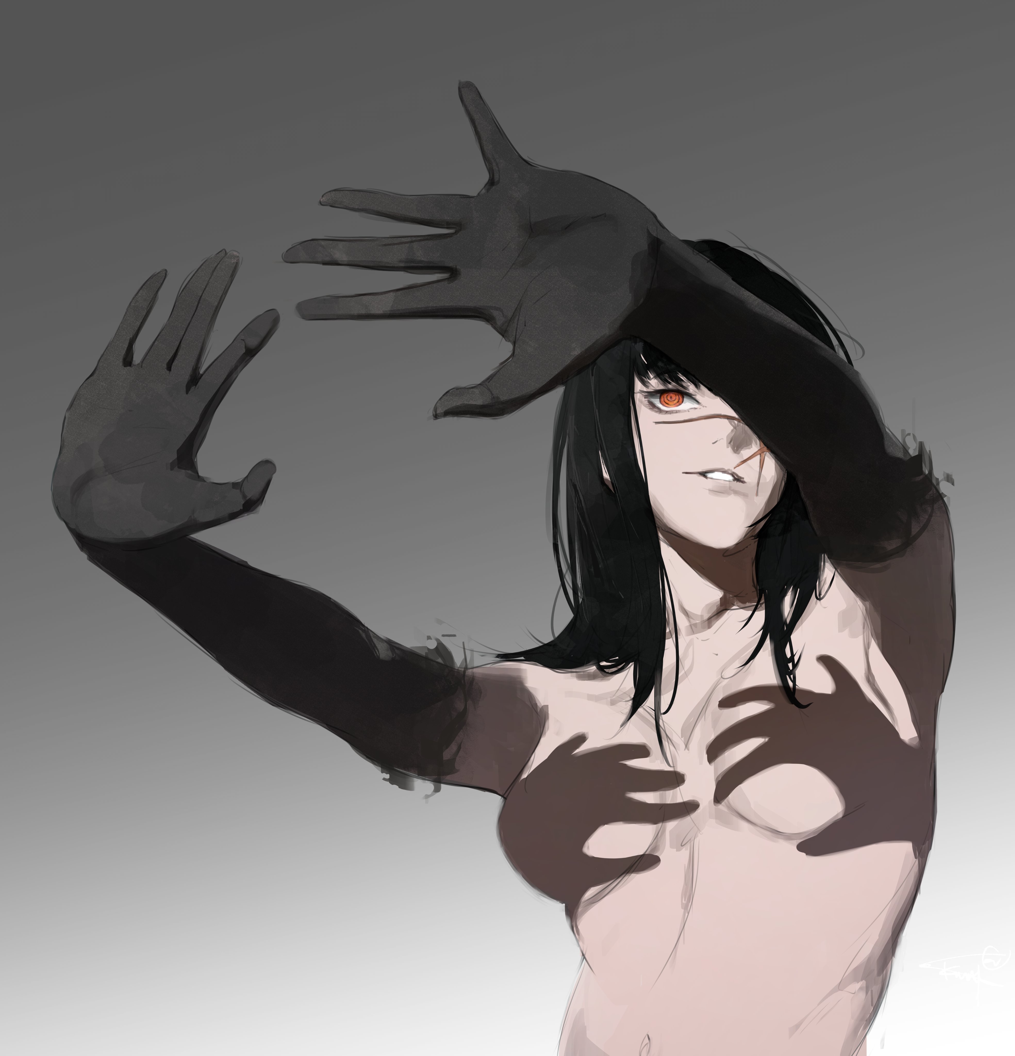 1girl, 1girls, asian, asian female, black arms, black hair, boobs, breasts, chainsaw man, completely naked, completely naked female, completely nude, completely nude female, hands casting shadow, naked, naked female, nude, nude female, red eyes, tagme, yoru (chainsaw man)
