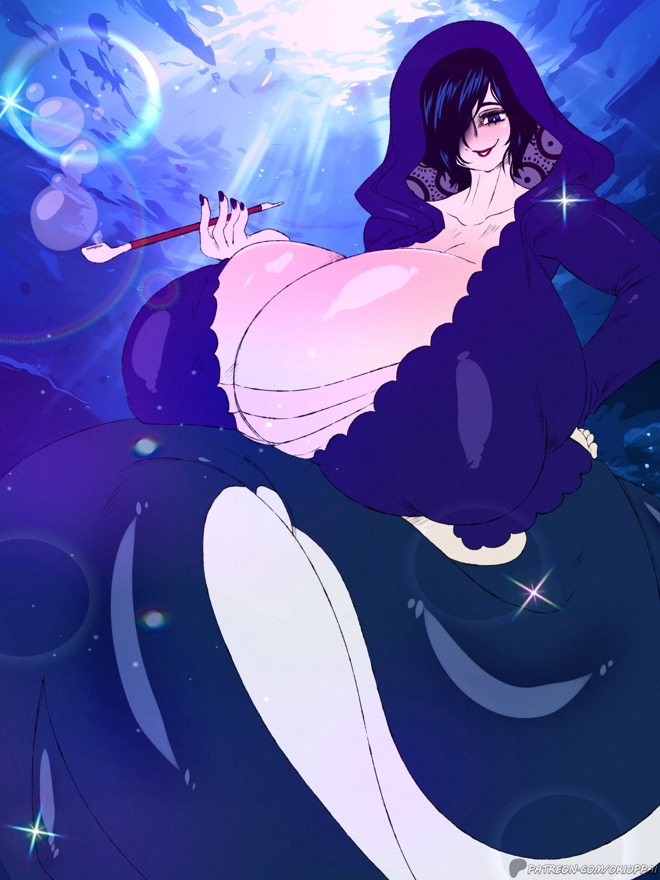 1girls, big boobs, big breasts, blue hair, blue hair female, boobs, breasts, cleavage, clothed, clothed female, female, female focus, female only, huge boobs, huge breasts, looking at viewer, madame shyarly, mermaid, ocean, okioppai, one piece, sea, solo, solo female, solo focus, underwater