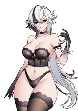 arlecchino (genshin impact), arm markings, belly, big breasts, black and white hair, busty female, charlie purrito, curvy female, genshin impact, hoyoverse, lingerie, long hair, stomach, thick thighs, wide hips, x eyes