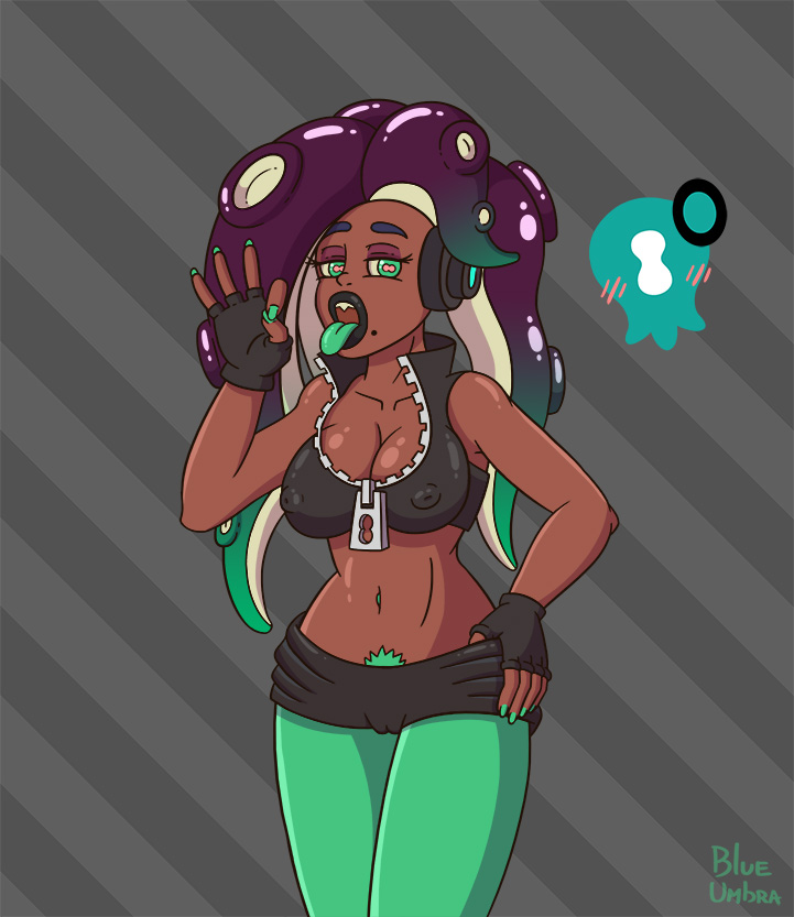 animal_humanoid big_breasts blueumbra breasts camel_toe cephalopod cephalopod_humanoid cleavage clothed clothing coleoid dark_skin eyelashes female humanoid lipstick looking_at_viewer makeup marina_(splatoon) marine marine_humanoid mollusk mollusk_humanoid navel nintendo nipples octarian octoling octopodiform simple_background solo splatoon suckers tentacle tongue tongue_out video_games zipper zipper_pull_tab