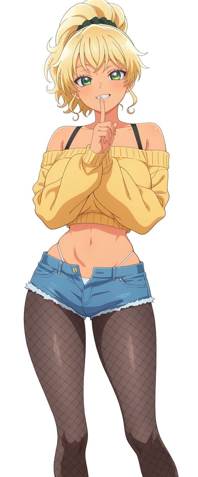 ai generated, blonde hair, crop top, green eyes, gyaru, ijichi kotoko, otaku ni yasashii gal wa inai!?, short shorts, tagme, unbuttoned shorts