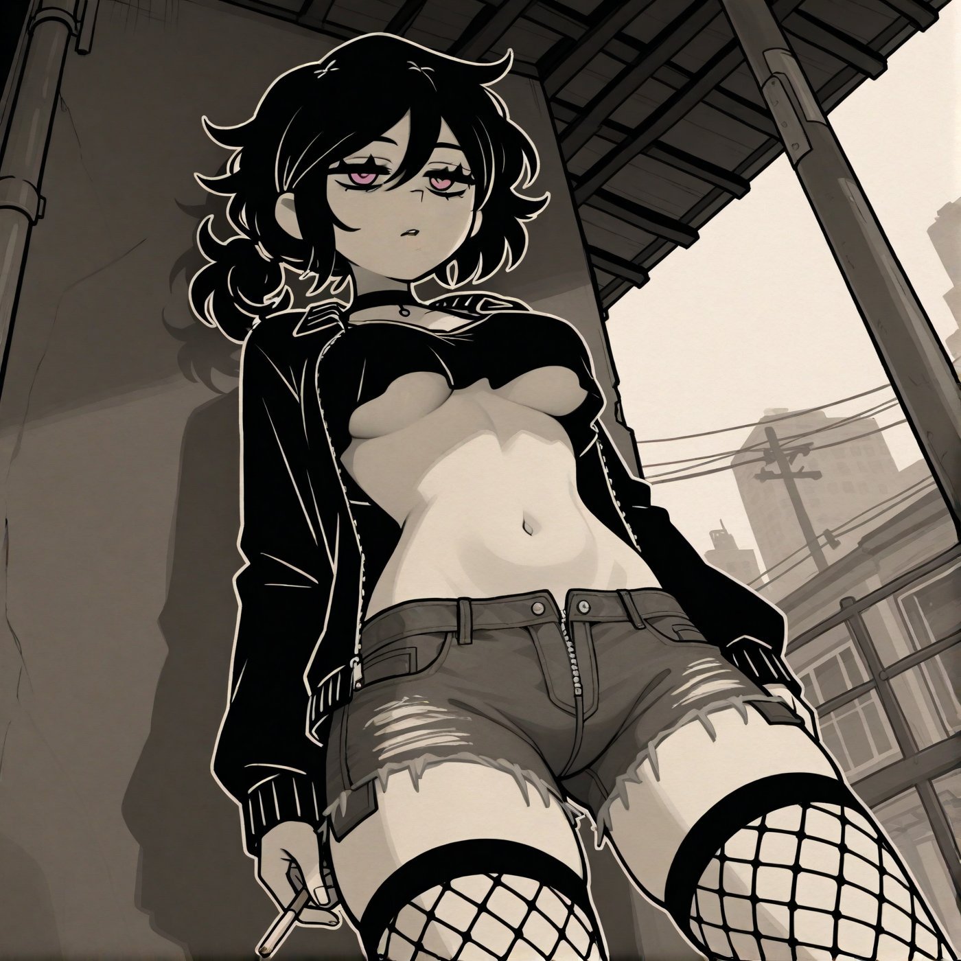 , 1girls, 2d, ai generated, ashley graves, belly, belly button, black hair, black hair female, booty shorts, bored, bored expression, breasts, choker, cigarette, cigarette in hand, clothed, clothed female, clothing, collar, crop top, dark hair, eyes half closed, eyes half open, female, fishnet clothing, fishnet legwear, fishnet stockings, fishnet thighhighs, fishnets, froggy dumpster, fully clothed, goth, goth girl, goth makeup, hairband, half-closed eyes, jacket, jacket open, medium breasts, messy hair, open clothes, open jacket, open topwear, outside, pale skin, pale-skin, pale-skinned female, petite, petite breasts, petite female, pink eyes, ponytail, shirt, short shorts, shorts, small breasts, stomach, street, the coffin of andy and leyley, thigh gap, thigh highs, thighhighs, thighs, tied hair, toned, toned belly, toned body, toned female, toned stomach, torn clothes, torn clothing, torn legwear, underboob, unimpressed, white hairband, wild hair